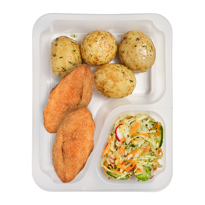 Devolay z młodymi ziemniakami i surówką wiosenną